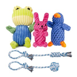 SyChien 5 Pack Squeaky Dog Toys, Tough Stuffed Plush Animal Chew and Rope Puppy Toy Set for Small Medium Large Dogs