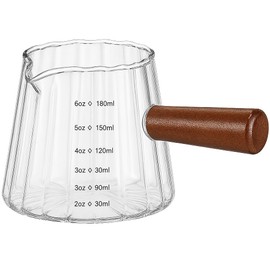 Thalasspire Espresso Cups 6oz/180ml Measuring Cups Glass Espresso Shot Cups Ribbed Espresso Shot Glass with Wooden Handle,Coffee Bar Accessories Milk Frothing Pitcher