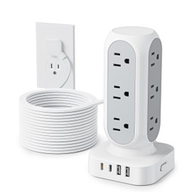 Flat Plug Power Strip Tower, 40W Total Fast Charging Station, Dual PD 20W USB-C Surge Protector with 12 AC Outlets and 8 USB Ports (4 USB C), 15FT Extension Cord for Home Office Dorm Room