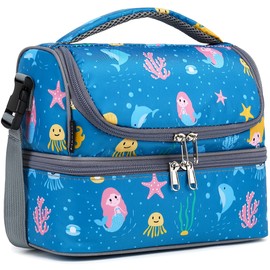 FlowFly Double Decker Cooler Insulated Lunch Bag Large Tote for Boys, Girls, Men, Women, With Adjustable Strap (Blue-Mermaid)