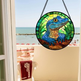 AMDERVEN Stained Glass Window Hanging, Blue Alligator Sun Catcher for Window Door Home Decor Green Brown Suncatcher Christmas Mother's Day Birthday Gifts for Women Men Mom and Nana 7.8 in