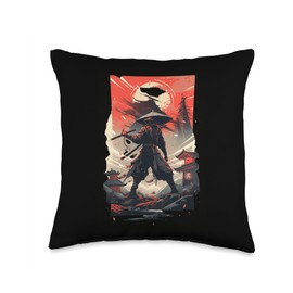 Ninja Japan Art Samurai Bushido Graphic Designs Japanese Red Moon Bushido Mask Katana Sword Samurai Warrior Throw Pillow, 16x16, Multicolor