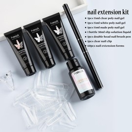 Fcozpjk Poly Extension Gel Nail Kit, Clear White Pink Builder Nail Gel Kit With Slip Solution Dual Nail forms, Nail Clips for Poly Gel, Nail Starter Kit, Home Manicure Set