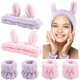 Set rosa RUGNADOO de 6 piezas: diademas y muñequeras de microfibra polar para spa y desmaquillaje
