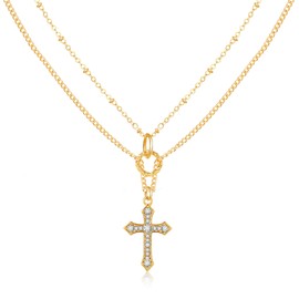 Layered Gold Cross Necklace for Women, Sparkly Crystal Rhinestone Cross Pendant Necklace with Double Intersecting Rings Circle Adjustable Initial Chain Trendy Faith Religion Jewelry Gift for Women