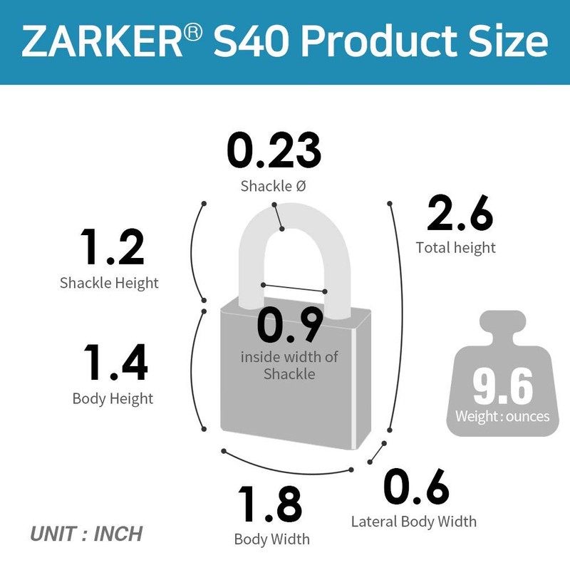 Zarker keyed Padlock, Heavy Duty Stainless Steel Lock, Waterproof and