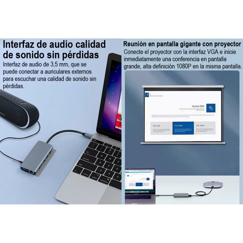 GOMITA 11 En 1 Usb-c To Hdtv +vga+lan+usb+tf+sd+pd+audio