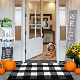 Buffalo Plaid Outdoor Rug, 24"x36" Non-Slip Rubber Backing Checkered Door Mat, Machine Washable Doormat Indoor for Front Porch Decor, Absorbent Low Profile Black and White Rug for Farmhouse Entryway