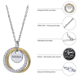 Vanbelle Sterling Silver Jewelry - Rhodium Plated with 925 Stamp - Double Ring Mother Pendant Necklace with MAMA Engraved Tiny Disc for Mum - 16" long + 2" Extender
