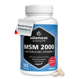 Vitamaze MSM 2000 mg + Natural Vitamin C, 365 Vegan Tablets for 6 Months, High Dose, 99.9% Pure Methylsulfonylmethane, Dietary Supplement without Additives, Made in Germany