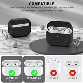 TUDIOW for AirPods Pro 2nd/1st Generation Case, Magnetic Lid Compatible with MagSafe, Flower Engraved Airpods Pro 2&1 Gen Soft Silicone Protective Cover with Cleaner Kit&Keychain&Lanyard (Black)