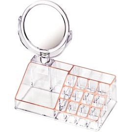 DecorRack Makeup Organizer with Mirror, Rose Gold Lining, For Vanity or Countertop, Cosmetics, Jewelry, and Hair Accessories