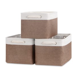 Bidtakay Baskets Fabric Storage Bins for Shelves [3-Pack] Decorative Storage Baskets for Organizing 15 X 11 X 9.5 inches Nursery Closet Foldable Toy Storage Closet Organizer Brown