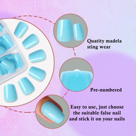 LoveOurHome 240pc Coffin Press on Nails Short Fake Nails with Glue, Short Press on Nails Coffin Glue on Nails Blue Acrylic Nails Press ons False Nail Women Artficial Fingernail Fake Nails with Tabs