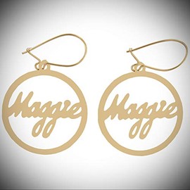 Vintage Script Gold Tone Name"Maggie" Pierced Earrings For Women Statement Chunky Crystal Fashion Jewelry Or Clip Statement Chunky Pendant Rhinestone Necklace for Women