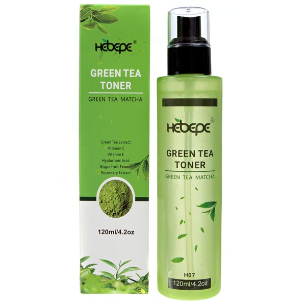 Hebepe Green Tea Matcha Facial Toner, Alcohol-Free, Refreshing, Moisturizing, and Soothing Face Toner, with Hyaluronic Acid, Vitamin C&E, White Willow, Honeysuckle, Grapefruit Extract, Rosemary, 120ml