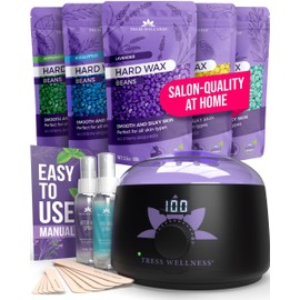 Tress Wellness Waxing Kit for Sensitive Skin, Safe for Face & Skin, Prep & Aftercare Spray, Easy to Use, At-Home Kit for Face, Bikini, Brazilian & Full Body - Digital Display, Black Purple Flower