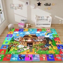 ABC Kids Rug for Playroom 59×39.4 in Noah's Ark Animals Rug Baby Play Mat Alphabet Mat Shape Color Classroom Carpet Kids Playroom Early Learning Carpet for Preschool Toddlers Tummy Time