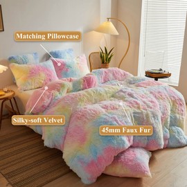 XeGe Plush Shaggy Rainbow Duvet Cover Set, 3 Pieces Soft Fluffy Furry Tie Dye Bedding Set(1 Multicolor Faux Fur Fuzzy Comforter Cover + 2 Pillowcases), Zipper Closure(Queen Size, Rainbow)