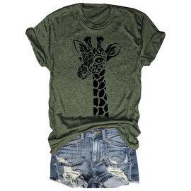 Women's Summer Giraffe Printed T-Shirt Funny Cute Animal Graphic Tees Tops(Green,XL)