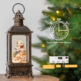Christmas Village Snow Globe Lantern Musical Lighted Snowy Mountain Village Water Lantern with Swirling Glitter Decoration for Christmas Home, Living Room, Battery Operated or USB Powered
