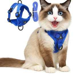 Cat Chest Harness and Leash Set for Walking Escape Proof, Soft Adjustable Vest Harnesses for Cats, Kitten Jacket with Reflective Strip, Easy to Put on with 3 Buckles for Traveling (Blue, L)