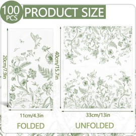 100PCS Green Floral Napkins Disposable Hand Towels for Bathroom 3 Ply Greenery Paper Napkins Vintage Bird Flower Guest Napkins Chinoiserie Napkins for Wedding Bridal Shower Cocktail Party