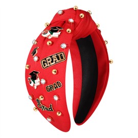 NVENF Graduation Cap Headband for Women, Wide Top Knot Headband with Rhinestone Graduation Cap, Gown, A+, GRAD Charms and Red Tassels, Graduation Gifts for Her, Party Decorations (Red)