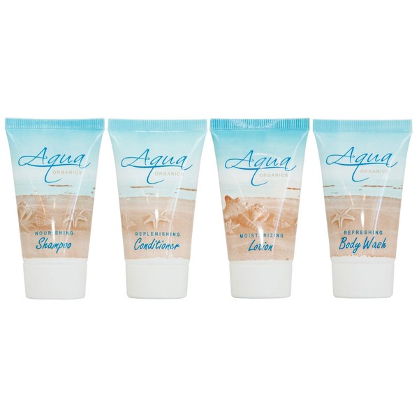 Aqua Organics 1.0 oz. Toiletries Set | 1-Shoppe All-In-Kit Amenities For Hotels, Airbnb & Rentals | Hotel Shampoo & Conditioner, Body Wash, Body Lotion | 80 Piece Travel Set