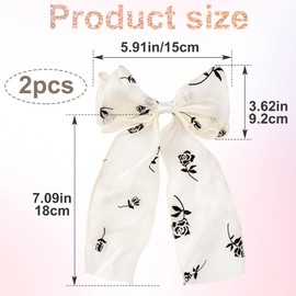 STSTR 2Pcs Large Hair Bow Clips, Silk Yarn Ribbon Bow Hair Barrette for Women, Elegant Long Tail Bowknot French Hair Accessories for Wedding, Parties, Festivals (White Bow Black Rose)