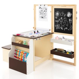 MAT EXPERT Easel for Kids, Wooden Kids Craft Table w/Double-Side Blackboard Whiteboard, Paper Roll Bookshelf & Storage, Children Drawing Desk Activity Center, Toddler Art Table and Chair Set (Coffee)