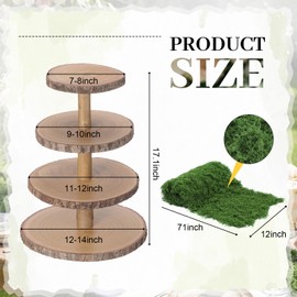 Wenqik 2 Pack/Set 4 Tier Wooden Cupcake Stand 17 Inch with Moss Table Runner, Rustic Wood Tower Tiered Tray for Dessert Display Forest Woodland Farmhouse Wedding Birthday Garden Party Centerpiece