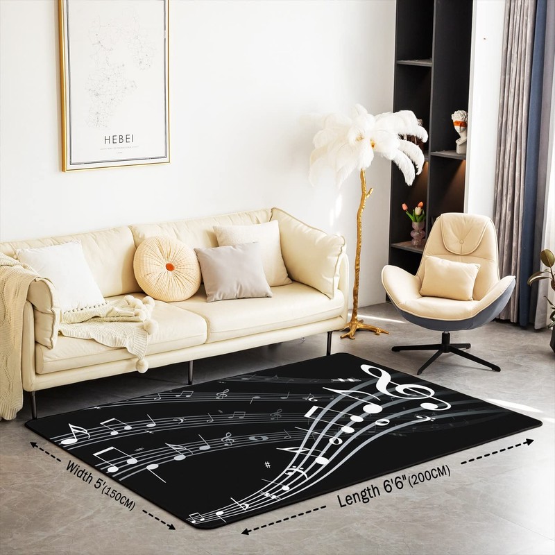 jejeloiu Musical Note Decorative Carpet Black White Music Theme Decorative
