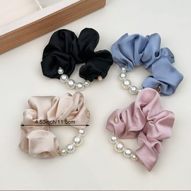4PCS Pearl Scrunchies for Women Grils, Elastics Ponytail Holder Vintage Silk Hair Tie Hair Accessories for Curl Thick Hair