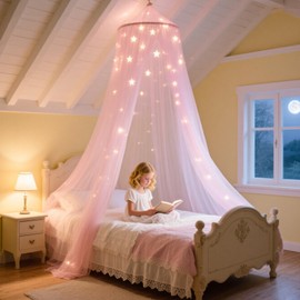 Henrrida Bed Canopy for Girls,With Glowing Stars,Pink Bed Canopy Princess Bed Girls Bedroom Accessories