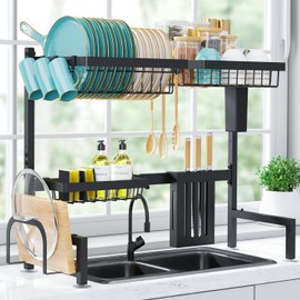 Sakugi Dish Drying Rack Over The Sink - Large Capacity Stainless Steel Dish Drainer, Multifunctional Kitchen Organizer, Black, 11" D x 30"~33.9''W x 21.5" H