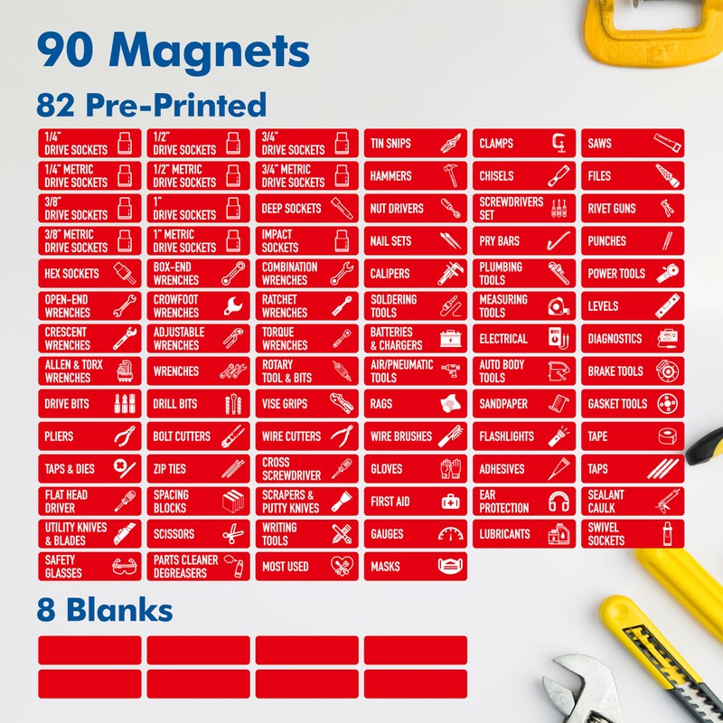 90 PCS Magnetic Toolbox Labels, 82 Pre-Printed & 8 Blanks