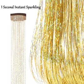 AIAIZHQH Clip in Hair Tinsel Kit 23.6Inch Gold Hair Tinsel Heat Resistant Fairy Hair Tinsel Clip in Glitter Hair Extensions, Sparkle Festival Hair Accessories for Women Girls (Gold)