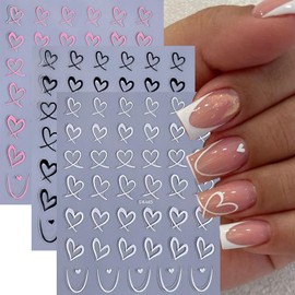 3pcs Valentine's Day Nail Art Stickers 3D Black White Pink Lines Love Heart Nail Decals Irregular French Stripe Lines Simple Valentine's Design DIY Adhesive Stickers Hearts Manicure Decor for Women