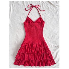 SOLY HUX Women's Ruffle Mini Dress Halter Tie Backless Tiered Layered Party Cami Dresses Solid Red Large