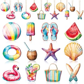Summer Tree Decorations Pack of 12 Summer Beach Wooden Pendants Hawaiian Wood Hanging Summer Hanging Decoration Wood for Hawaiian Summer Party Tropical Decorations
