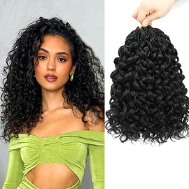 Lanse Gogo Curl Crochet Hair 14 Inch 8 Packs Black Ocean Wave Deep Twist Goddess Box Braids Pre Looped Short Curly Water Wave Synthetic Braiding Hair for Women Girl Kids(1B, 14inch)