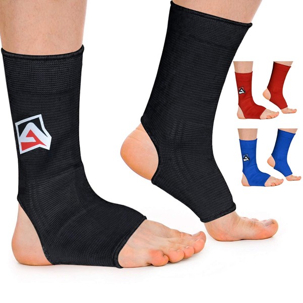 AQF MMA Ankle Support Muay Thai Foot Brace Guard Kick Boxing Sprains Achilles Tendon Pain Relief Protector Elasticated Breathable Compression Sleeve (Black, M)