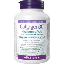 Webber Naturals Collagen30 with Hyaluronic Acid, Bioactive Collagen Peptides, 180 Tablets, Helps Reduce Eye Wrinkles and Fine Facial Line, Non GMO