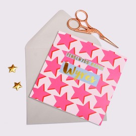 Claire Giles Happy Birthday Greeting Card Granddaughter, Pink Stars, Greeting Card with Text Foiled in Shiny Gold, Pen-blwydd Hapus Wyres WCOL039