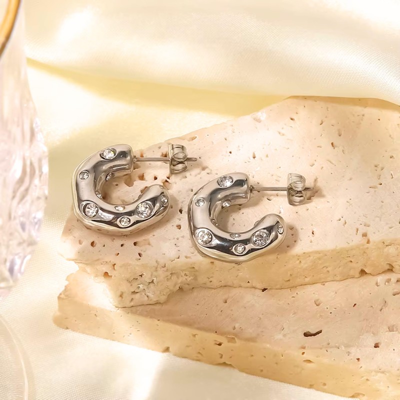 QueenBee Silver Plated Crystal Studded C Shaped Hoop Earrings, Chunky