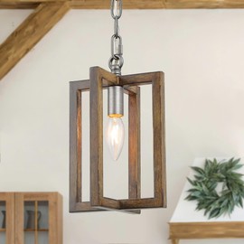 Farmhouse Pendant Lighting, Rustic Vintage Metal Pendant Light Fixture with Wood and Sliver Brushed Finish for Kitchen Island, Dining, Foyer, Entry, and Living Room