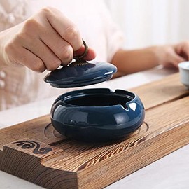 Handmade Ceramic Ashtray with Lids, Exquisite Pattern Ash Holder for Patio Desktop Office Smokers, Ash Tray for Indoor Tabletop Home Office Decor (Dark Blue, M-Size)