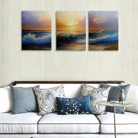 Tufiqu 3 Piece Wall Art - Canvas Prints - Ocean Wave - Textured Finish - Multicolor Abstract - Living Room, Bedroom, Office - Unframed - 16L" x 12W" - Lightweight - Waterproof