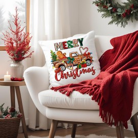 Fuasei Merry Christmas Pillow Covers 18x18, Christmas Gingerbread Truck Xmas Decorative Pillow Covers for Couch, Christmas Decorations for Living Room Bedroom Home Office, Christmas Pillow Cases